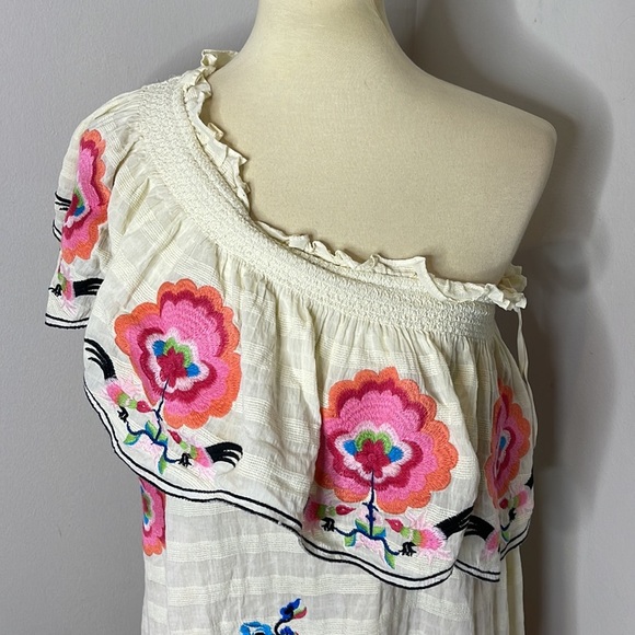 ANTHROPOLOGIE White Floral Embroidered Pullover One Shoulder Maxi Dress M - Picture 8 of 12